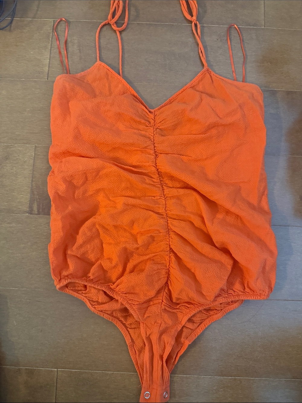 Women Orange Textured Ruched One-Piece Bodysuit with Adjustable Tie Straps